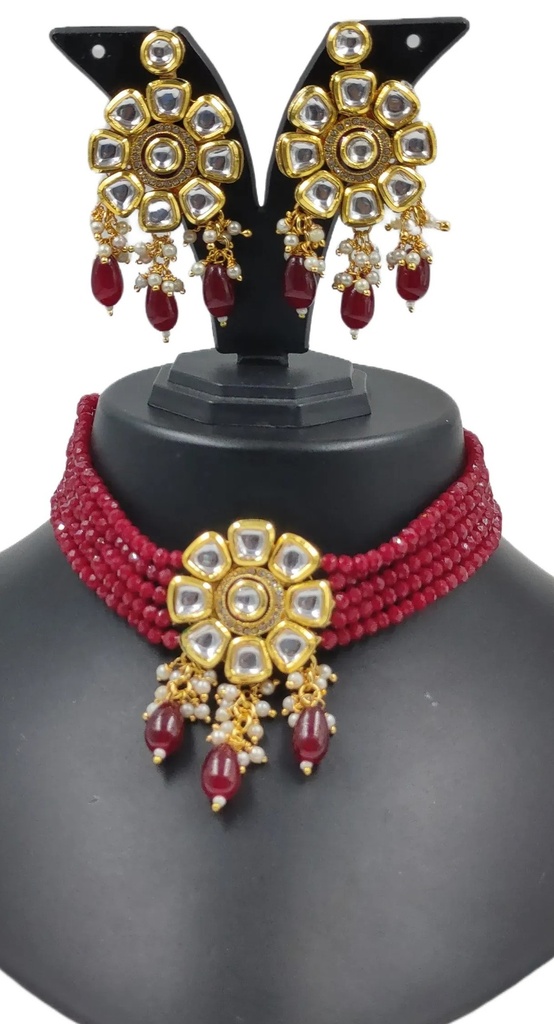 [NS613 Maroon] Graceful Cultural Ns613 Maroon Kundan Necklace Earring Jewellery Set