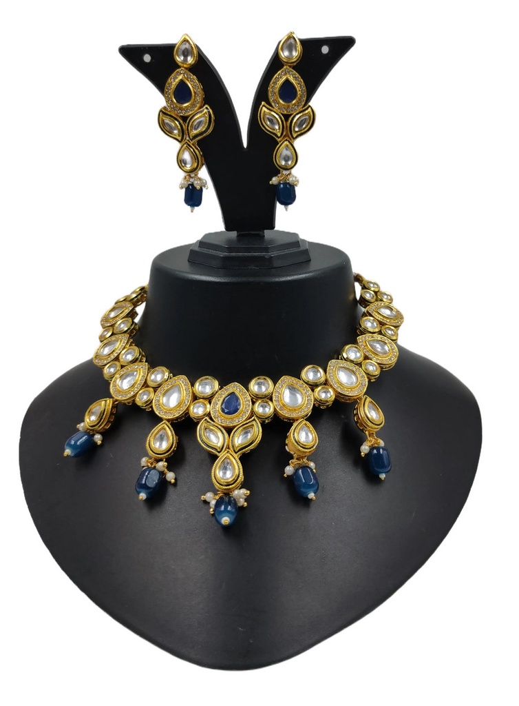 [NS614 Blue] Splendid Cultural Ns614 Blue Kundan Necklace Earring Jewellery Set