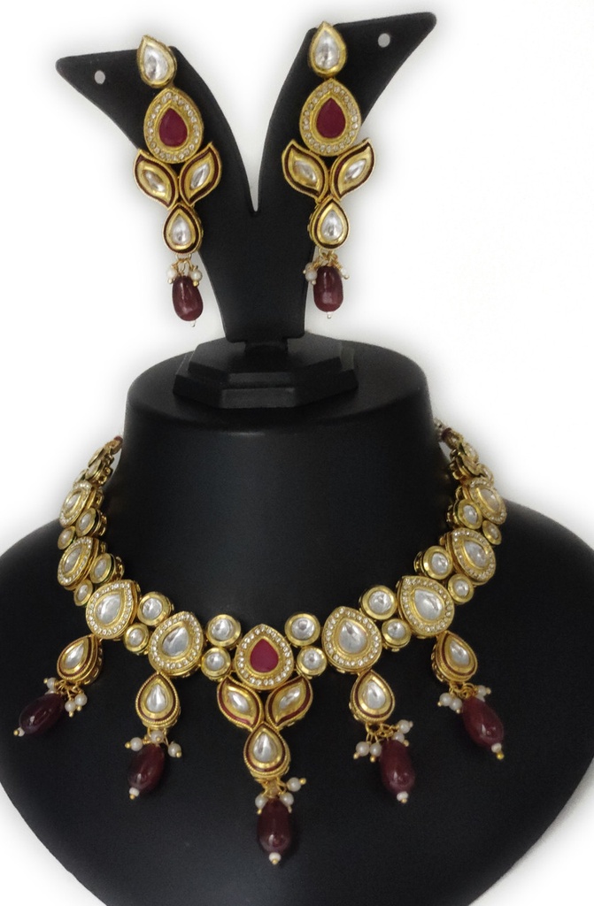 [NS614 Maroon] Ethereal Cultural Ns614 Maroon Kundan Necklace Earring Jewellery Set