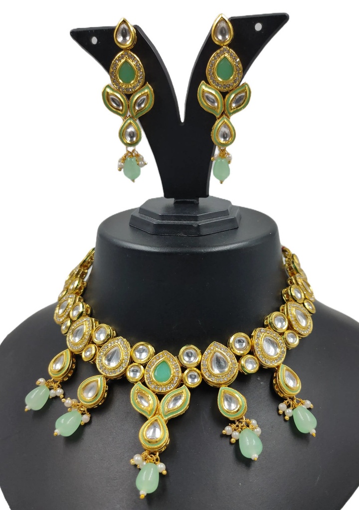 [NS614 Mint Green] Flawless Cultural Ns614 Mint Green Kundan Necklace Earring Jewellery Set