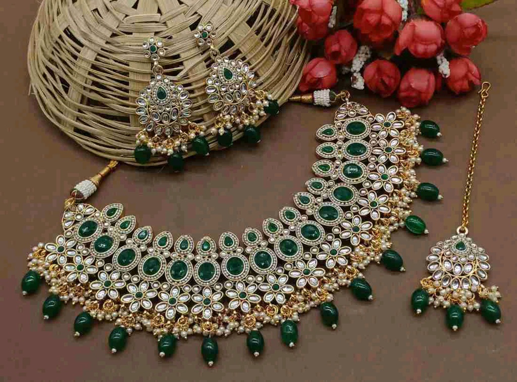 [NS619 Green] Lustrous Cultural Ns619 Green Kundan Necklace Earring Jewellery Set