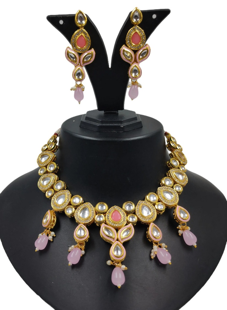 [NS614 Baby Pink] Enchanting Cultural Ns614 Baby Pink Kundan Necklace Earring Jewellery Set