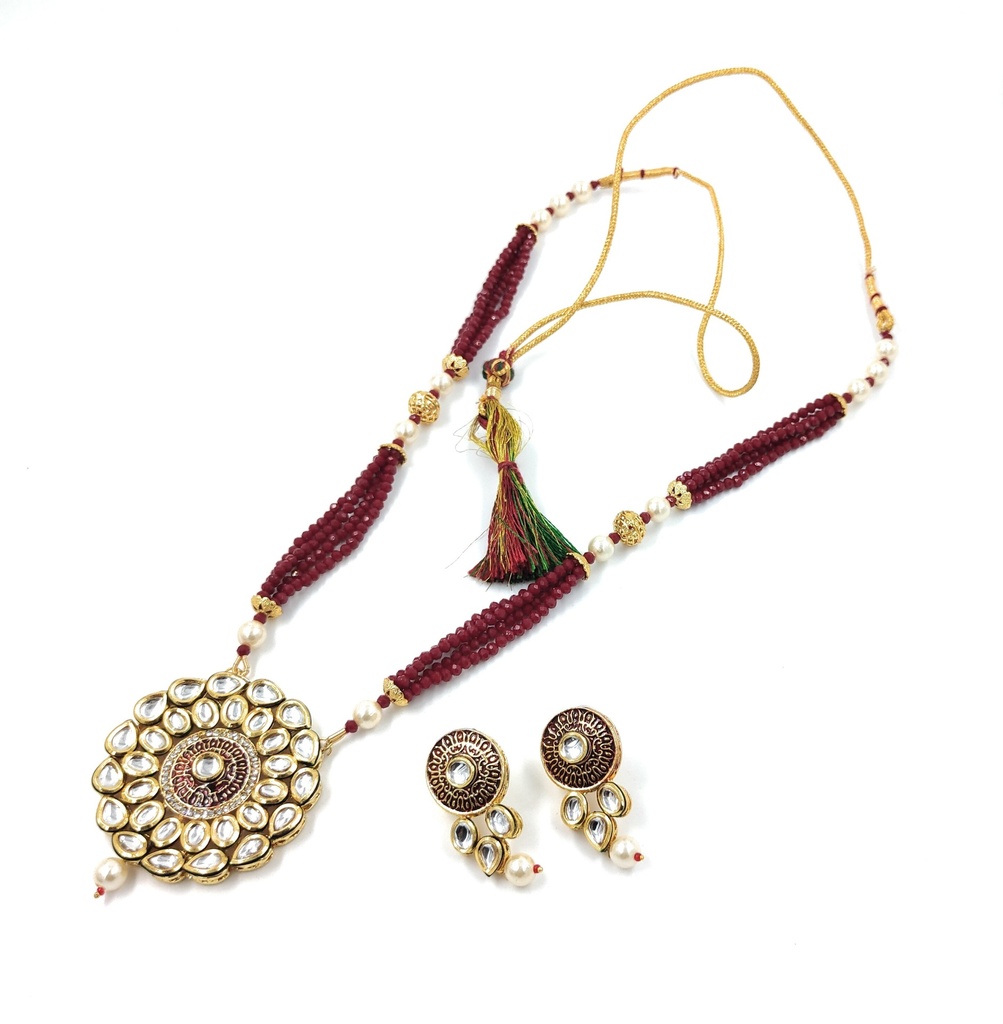 [K2 MAROON] Graceful Fashion Kundan Long Necklace Set