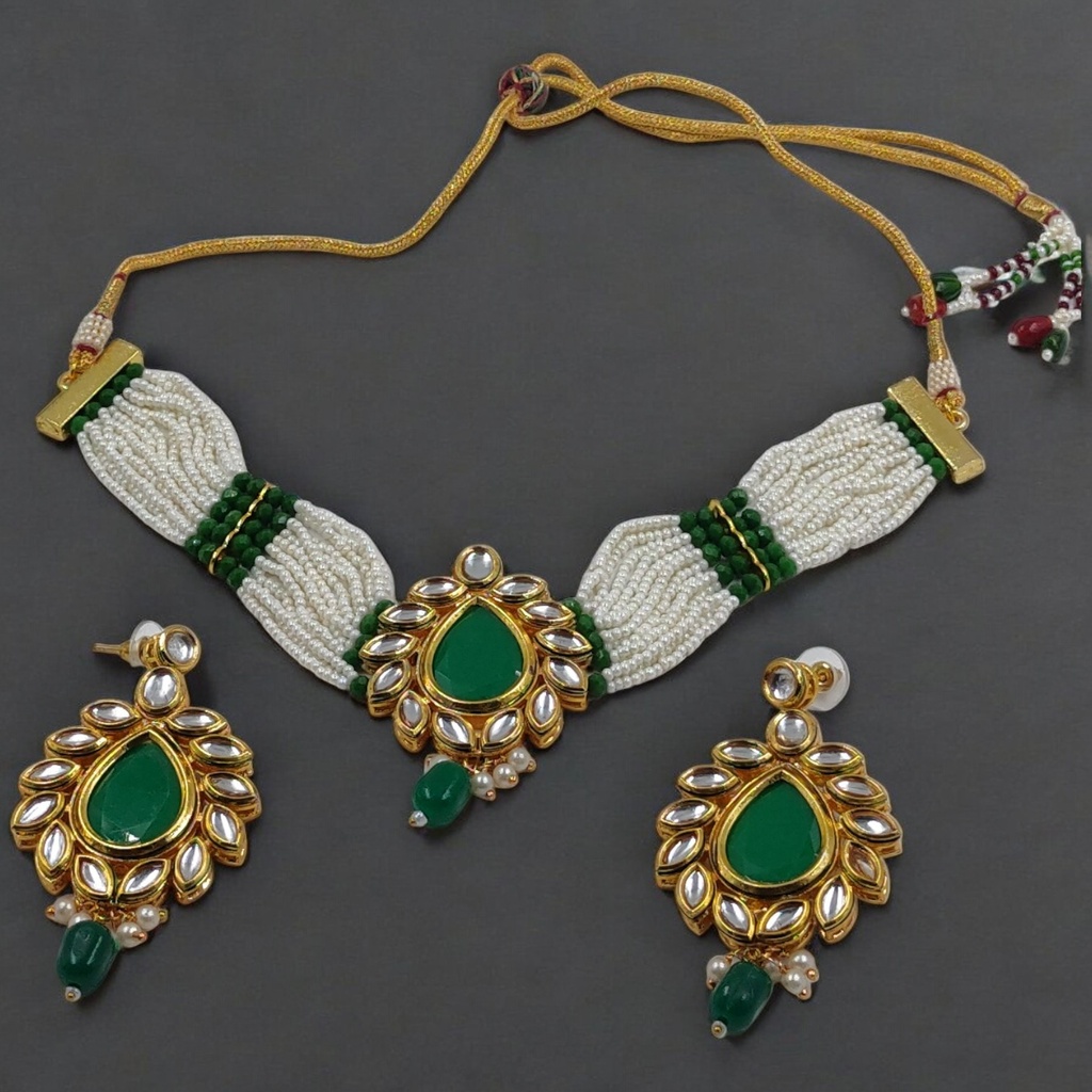 [NS109 GREEN] Resplendent Signature Ns109 Green Kundan Necklace Earring Jewellery Set