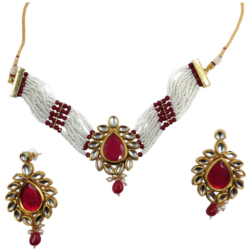 [NS109 RED] Lustrous Signature Ns109 Red Kundan Necklace Earring Jewellery Set