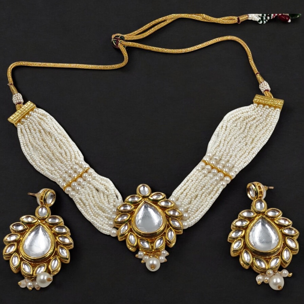 [NS109 WHITE] Vibrant Signature Ns109 White Kundan Necklace Earring Jewellery Set