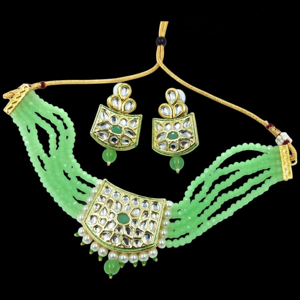 [NS237 MINT GREEN] Traditional Heritage Ns237 Mint Green Kundan Necklace Earring Jewellery Set