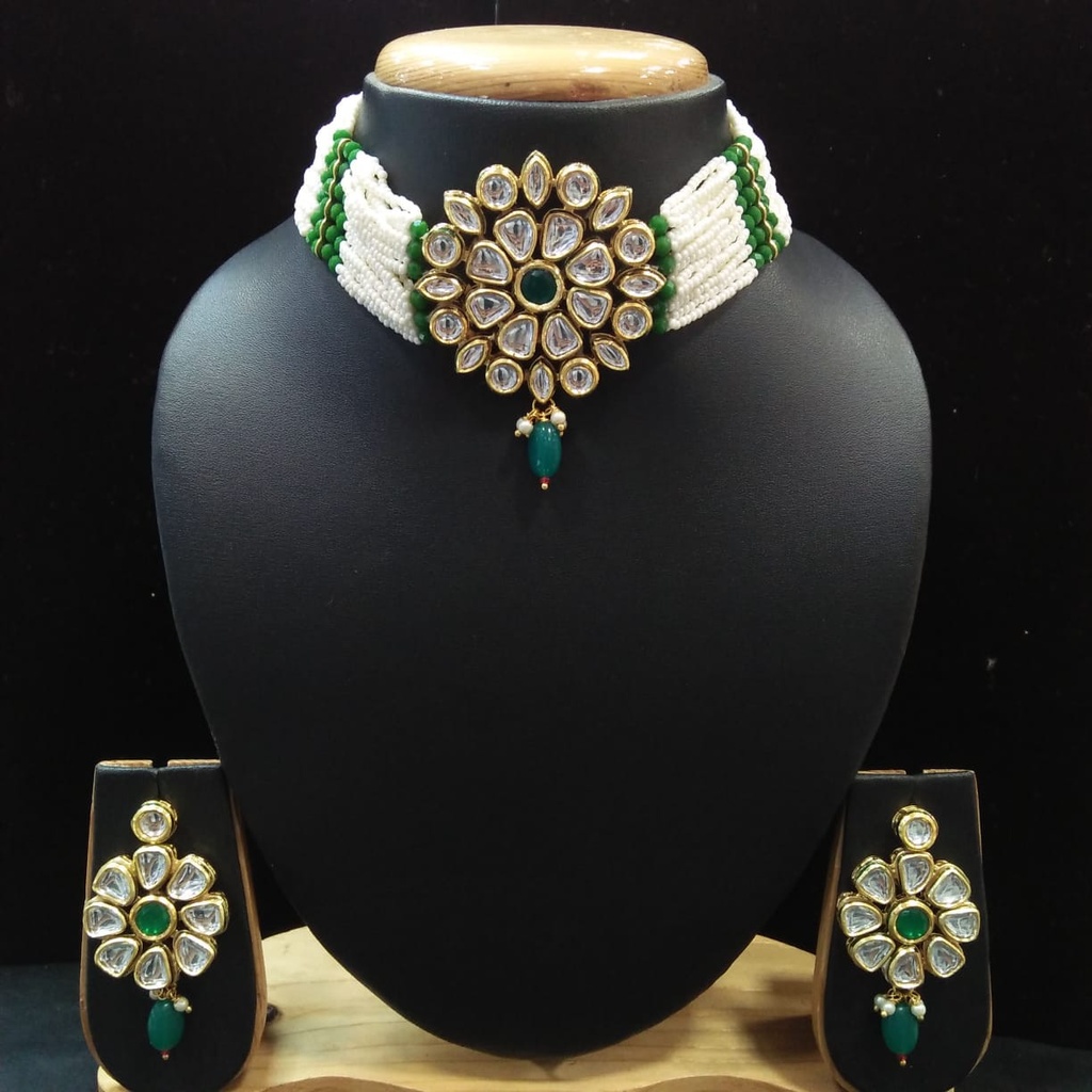 [NS82 GREEN] Luxury Boutique Ns82 Green Kundan Necklace Earring Jewellery Set
