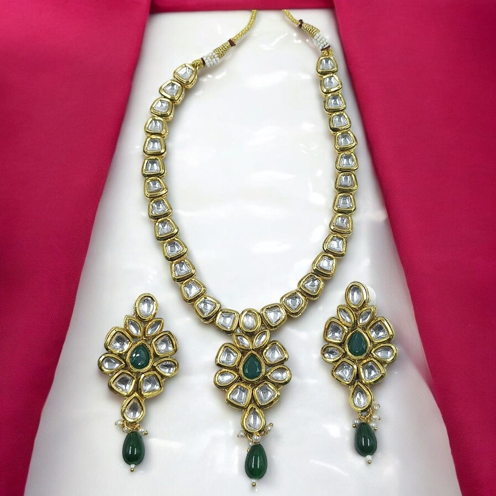 [NS453 Green] Splendid Heritage Ns453 Green Kundan Necklace Earring Jewellery Set