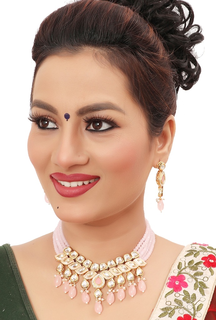 [NS496 Baby Pink] Magnifique Cultural Ns496 Baby Pink Kundan Necklace Earring Jewellery Set