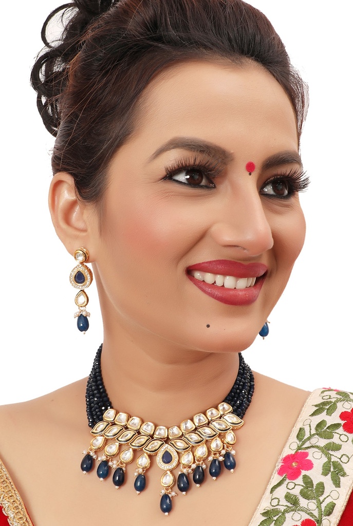 [NS496 Blue] Desi Cultural Ns496 Blue Kundan Necklace Earring Jewellery Set