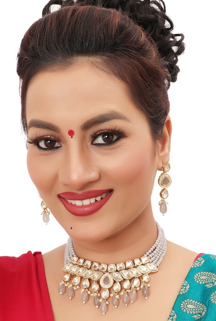 [NS496 Grey] Classic Cultural Ns496 Grey Kundan Necklace Earring Jewellery Set