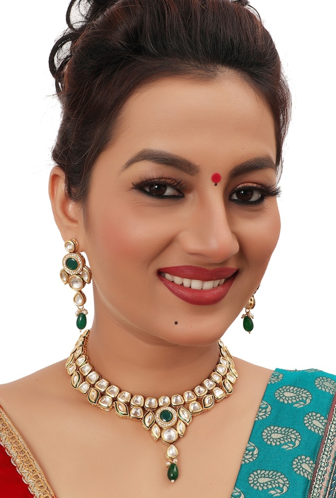 [NS498 Green] Trendy Cultural Ns498 Green Kundan Necklace Earring Jewellery Set