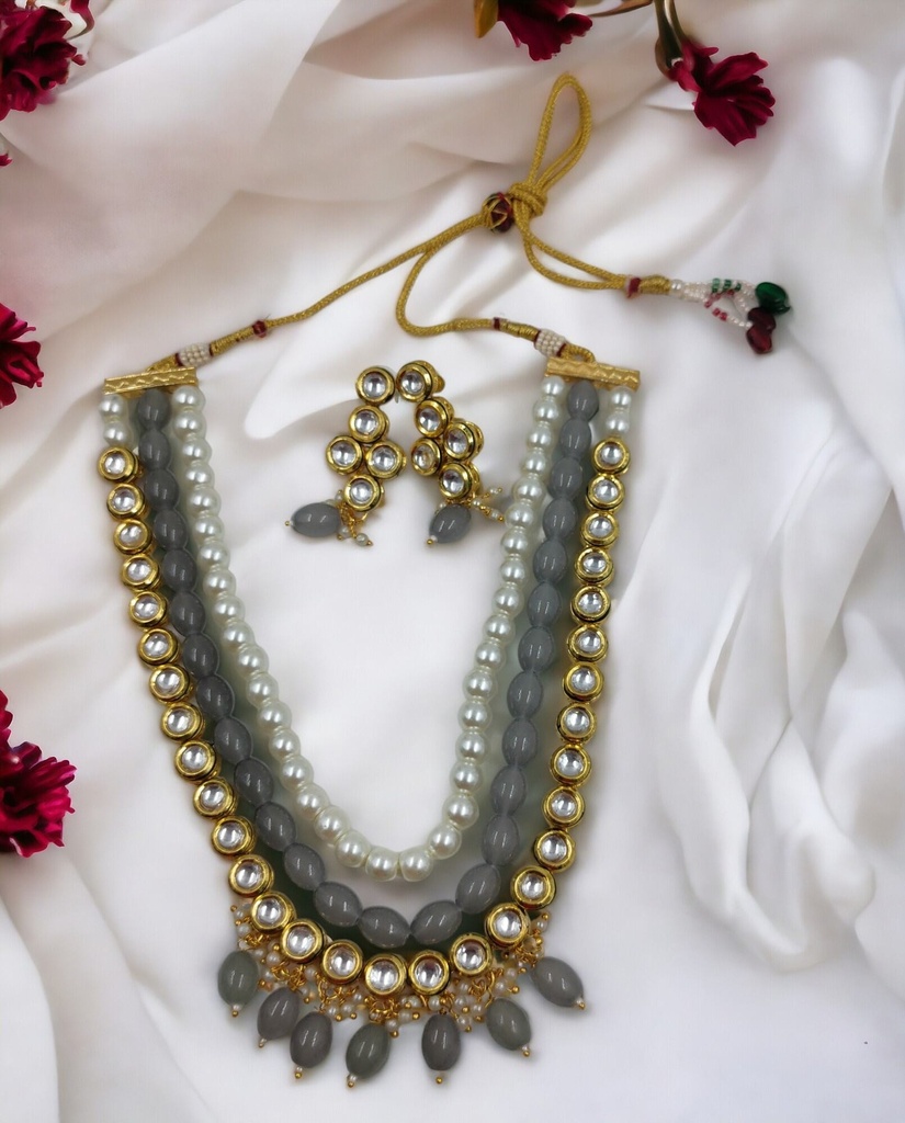 [NS501 Grey] Luxury Cultural Ns501 Grey Kundan Necklace Earring Jewellery Set