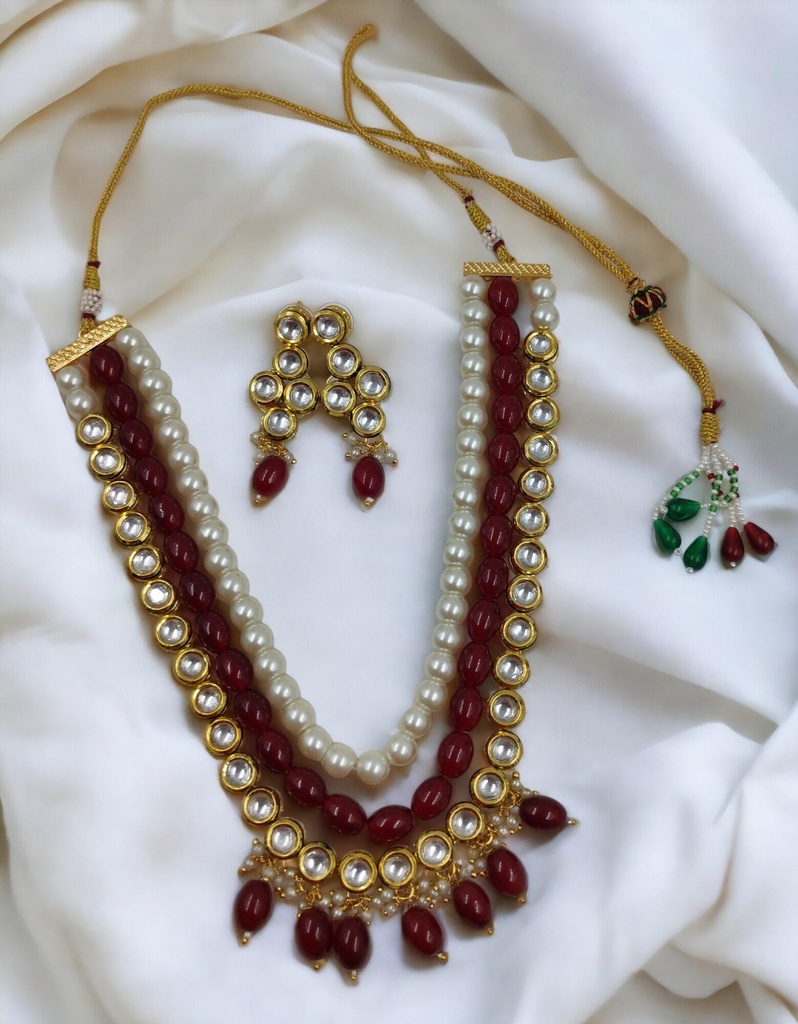 [NS501 Ruby Maroon] Authentic Cultural Ns501 Ruby Maroon Kundan Necklace Earring Jewellery Set