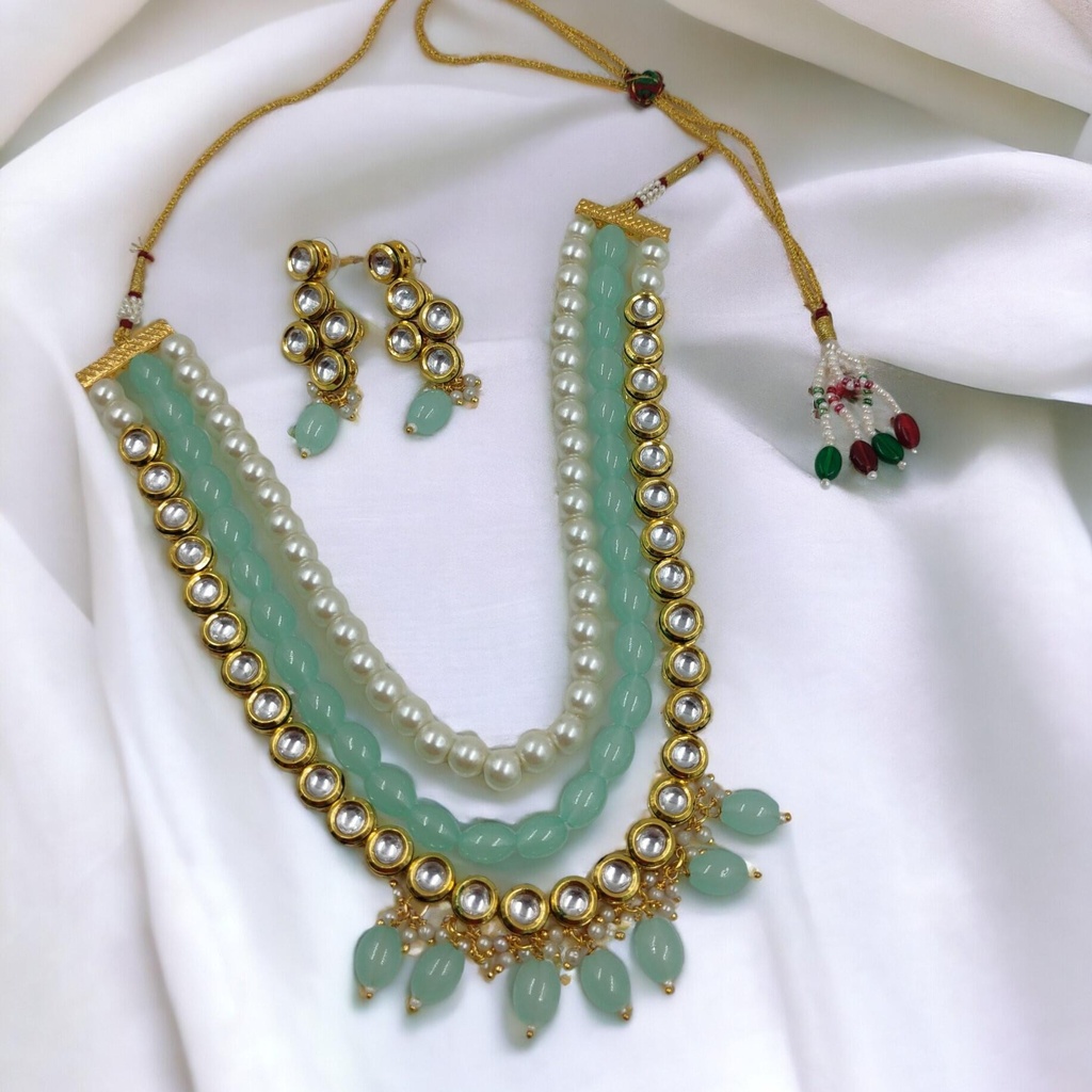 [NS501 Sea Green] Artisan Cultural Ns501 Sea Green Kundan Necklace Earring Jewellery Set
