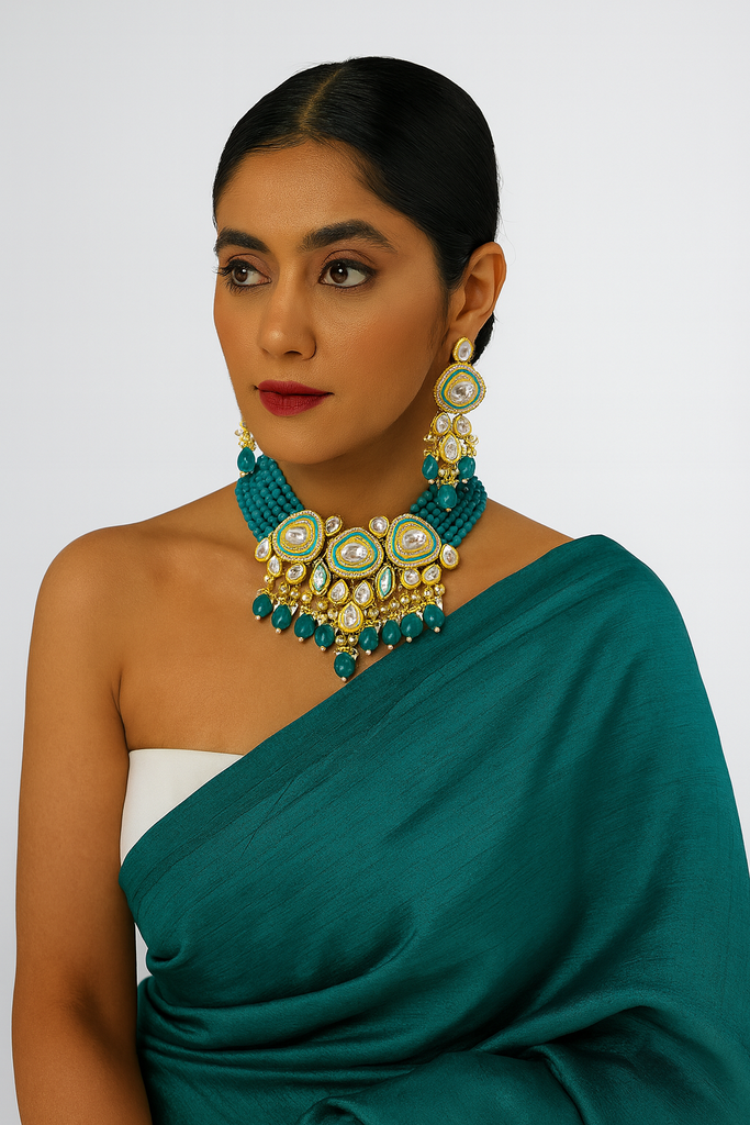 [K26 TEAL] Authentic Stylish Kundan Choker Necklace Set Teal