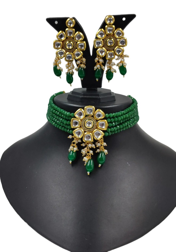 [NS613 Green] Radiant Cultural Ns613 Green Kundan Necklace Earring Jewellery Set