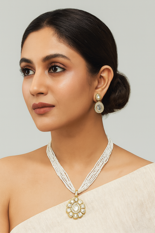 [K61 WHITE] Luxury Signature Charming Mood Kundan Pendant Necklace Earring Set