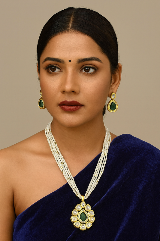 [K61 GREEN] Beautiful Signature Classic Vision Kundan Pendant Necklace Earring Set