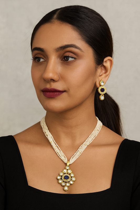 [K59 BLUE] Chic Signature Divine Glow Kundan Pendant With Necklace Earring Set