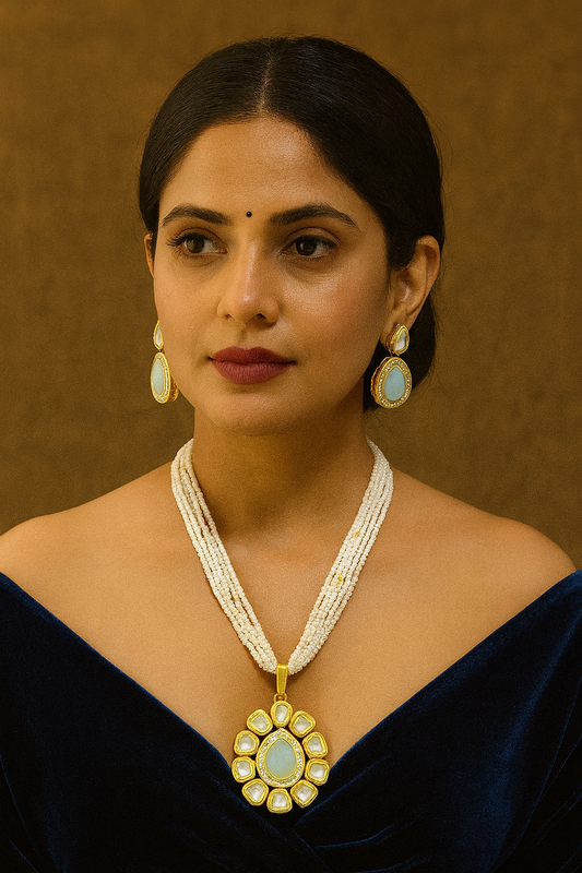 [K61 MINT GREEN] Premium Signature Ethereal Delight Kundan Pendant Necklace Earring Set