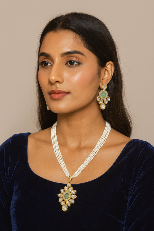 [K63 MINT GREEN] Dazzling Signature Ethereal Glam Kundan Pendant Necklace Earring Set