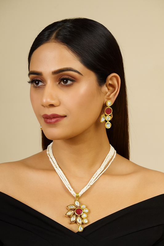 [K58 MAROON] Elegant Signature Heavenly Detail Kundan Pendant With Necklace Earring Set