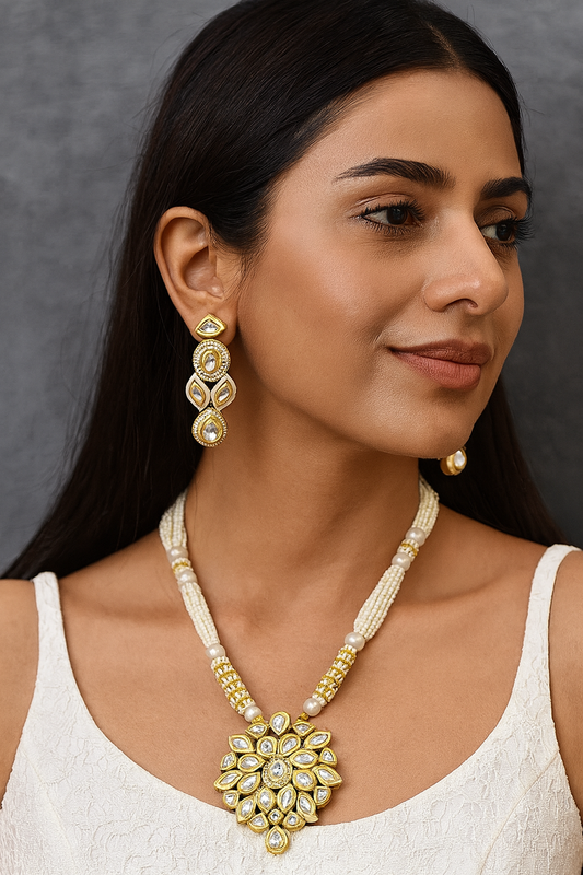 [K57 WHITE] Lustrous Couture Kundan Long Necklace Set White