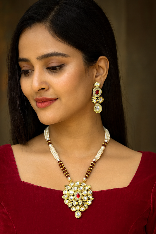 [K57 RED] Resplendent Couture Kundan Long Necklace Set Maroon