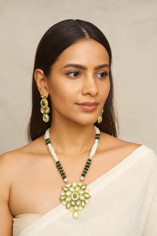 [K57 GREEN] Ornate Couture Dabbi Kundan Long Necklace Set Green