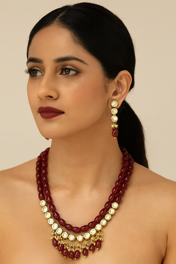 [K65 MAROON] Splendid Signature Kundan Pearl Necklace Set