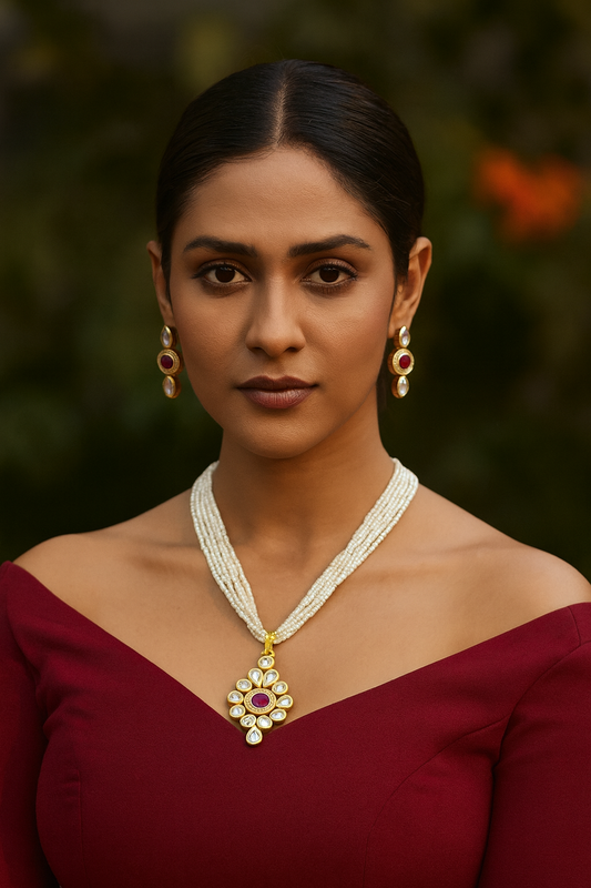 [K59 MAROON] Desi Signature Magnetic Flash Kundan Pendant With Necklace Earring Set