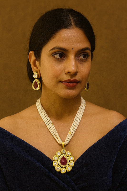 [K61 MAROON] Stunning Signature Majestic Hue Kundan Pendant Necklace Earring Set