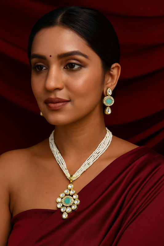 [K59 MINT GREEN] Royal Signature Mystic Inspiration Kundan Pendant With Necklace Earring Set
