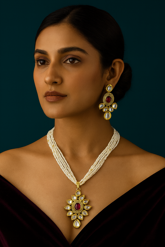 [K63 MAROON] Grand Signature Opulent Highlight Kundan Pendant Necklace Earring Set