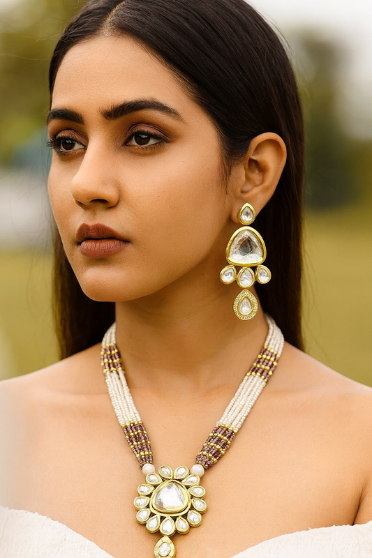 [K62 BROWN] Artisan Signature Polished Delight Kundan Long Necklace Set