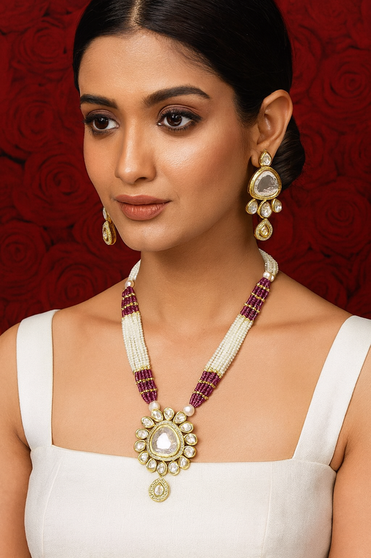 [K62 RANI] Regal Signature Sparkling Sheen Kundan Long Necklace Set