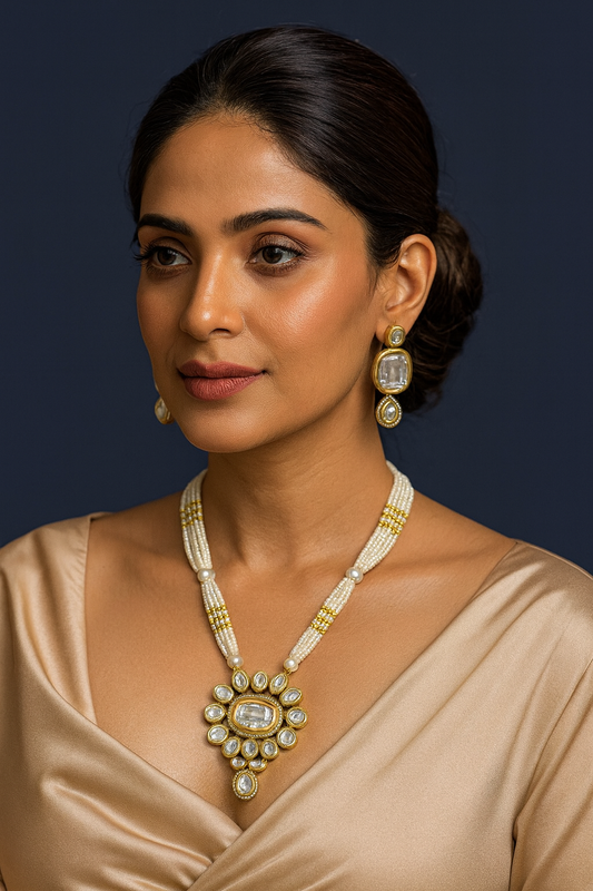 [K60 WHITE] Exquisite Signature Vintage Look Kundan Long Necklace Set