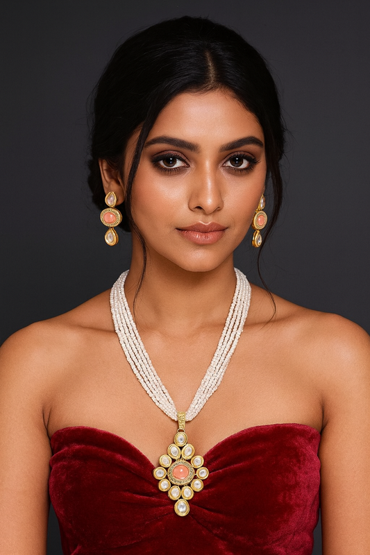 [K59 PEACH] Classic Signature Whimsical Sheen Kundan Pendant With Necklace Earring Set