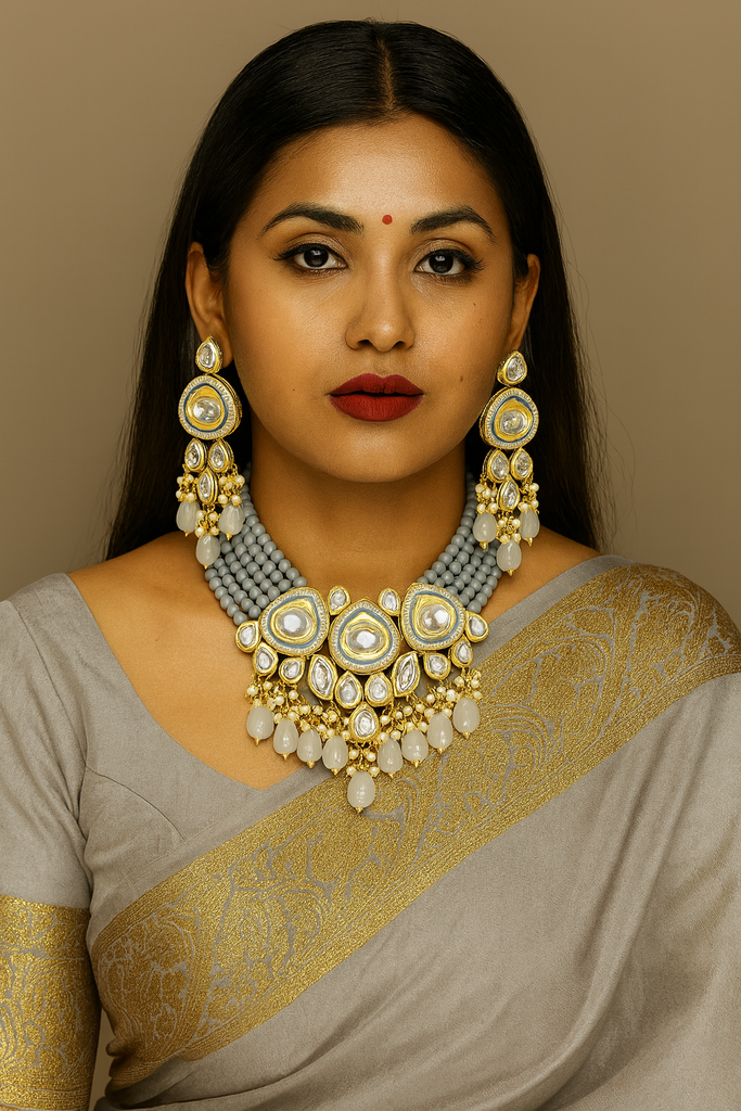 [K26 GREY] Premium Stylish Kundan Choker Necklace Set Grey