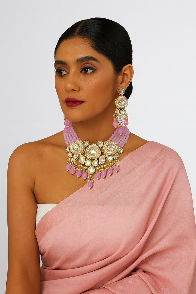 [K26 BABY PINK] Beautiful Stylish Kundan Choker Necklace Set Baby Pink