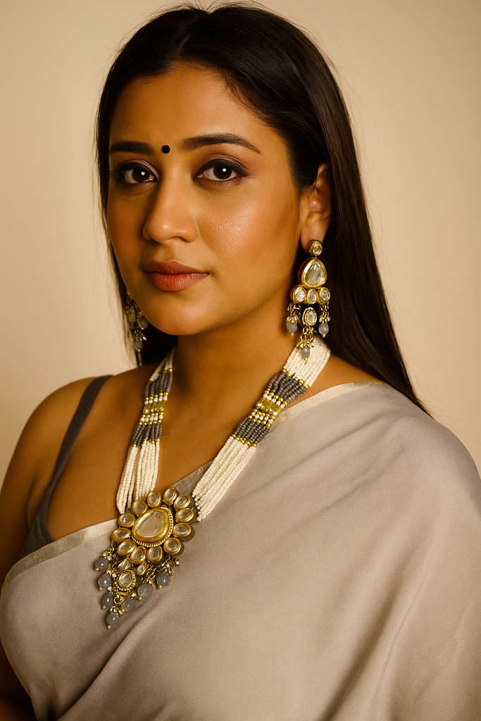 [K56 GREY] Ethereal Couture Royal Presence Kundan Long Grey Necklace Set K56