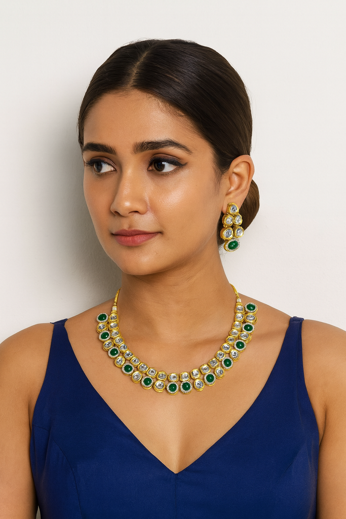 [K19 GREEN] Divine Fashion Vintage Charm Premium Kundan Set With Monalisa Stone