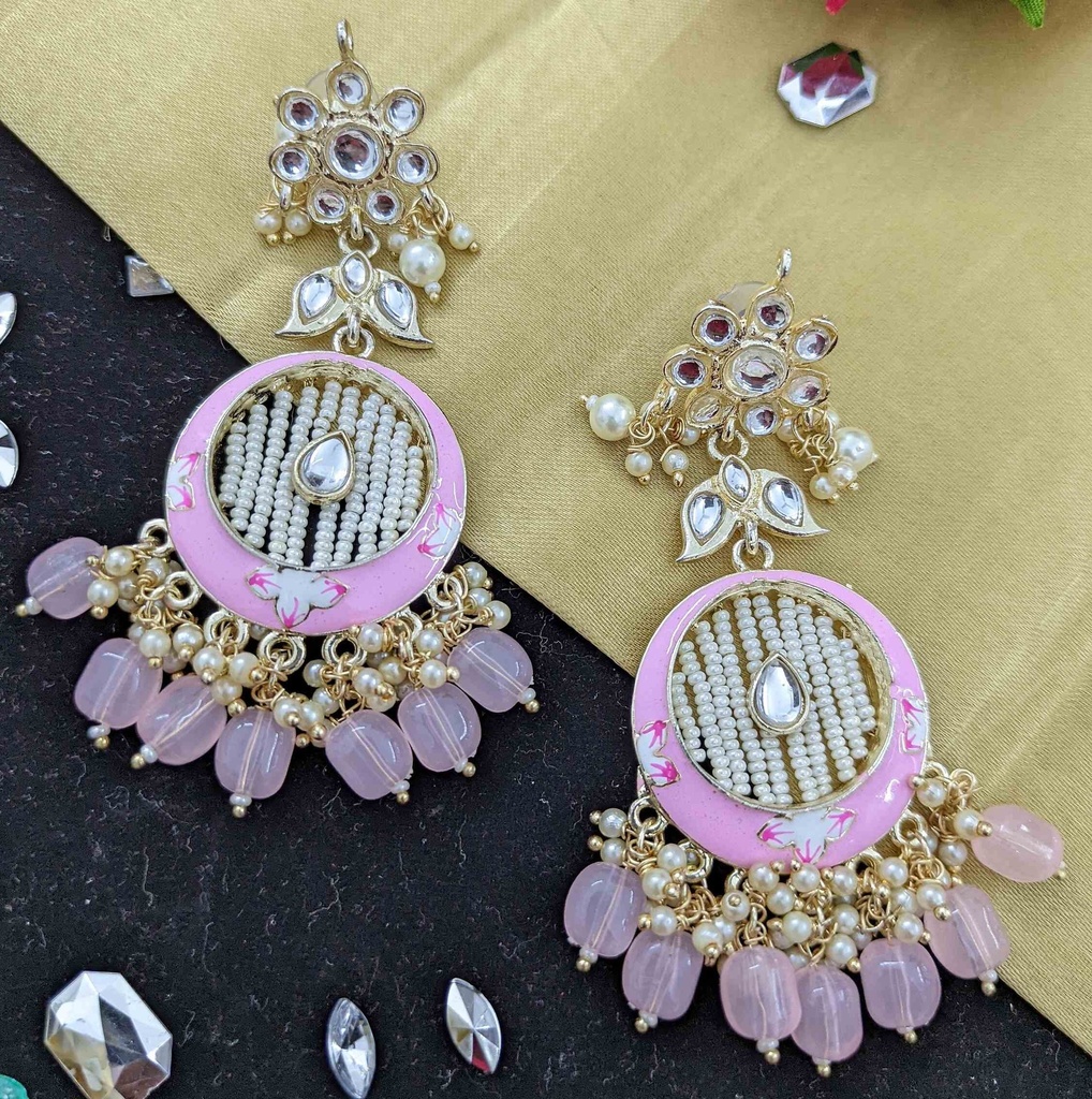 [ER66 BABY PINK] Artisan Engagement Kundan Meenakari Earring