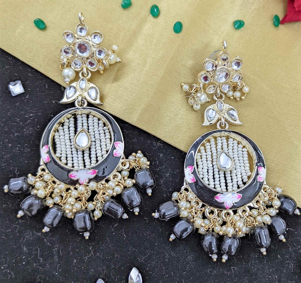[ER66 BLACK] Majestic Engagement Kundan Meenakari Earring