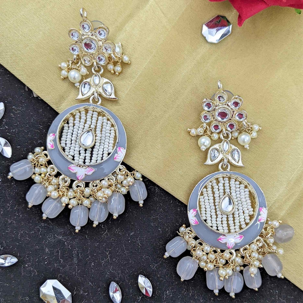 [ER66 GREY] Dazzling Engagement Kundan Meenakari Earring