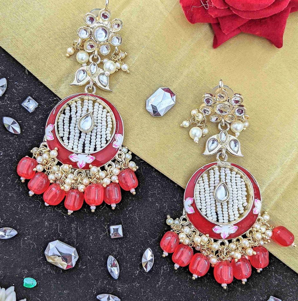 [ER66 RED] Splendid Engagement Kundan Meenakari Earring