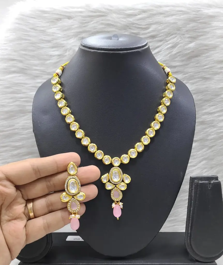 [K31 BABY PINK] Pristine Stylish K31 Baby Pink Dabbi Kundan With Back Meena Necklace Earring Jewellery Set