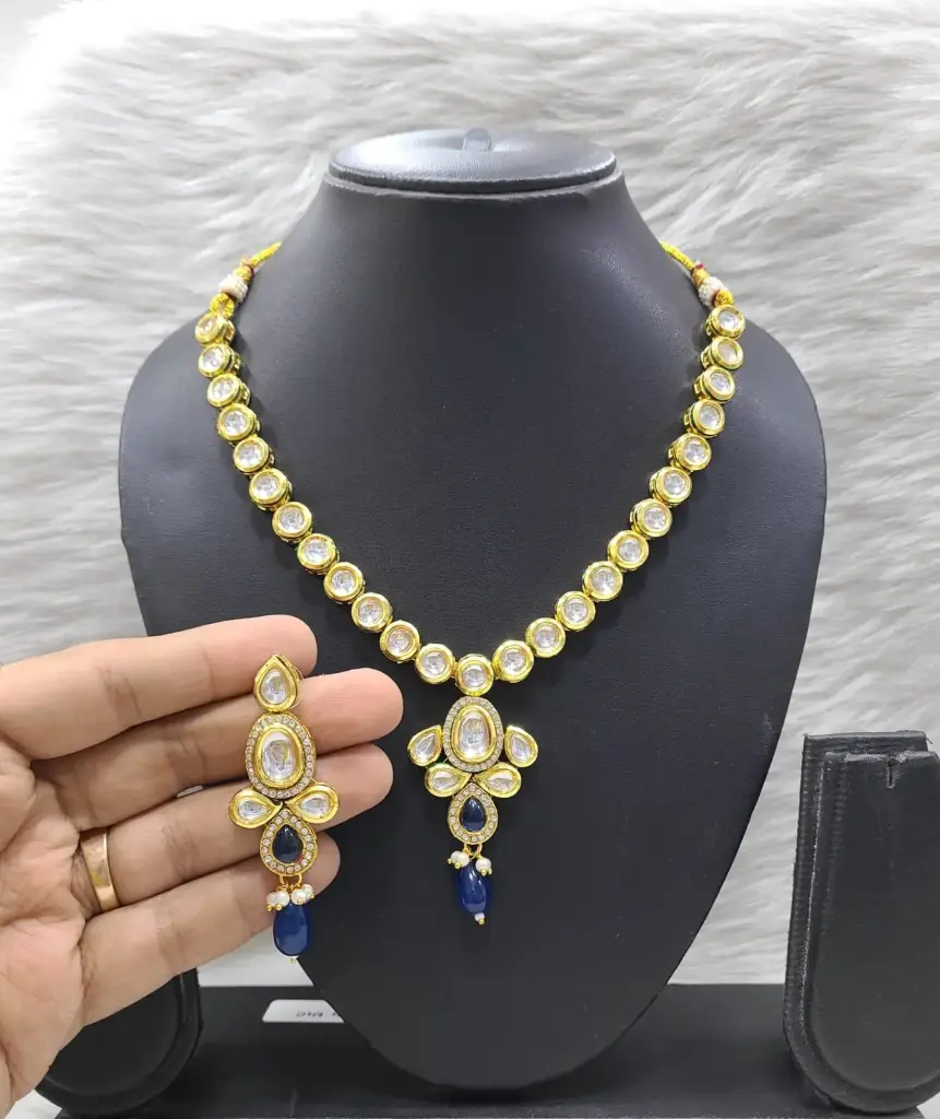 [K31 BLUE] Ornate Stylish K31 Blue Dabbi Kundan With Back Meena Necklace Earring Jewellery Set